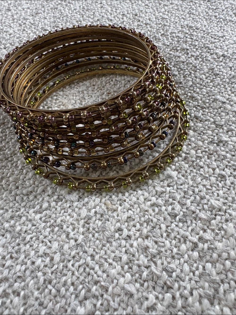 Gold Beaded Multi-Bangle Bracelet Set Olive Green Iridescent Accents‎ Boho Stack